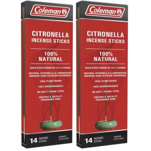 Coleman Citronella Incense Sticks, DEET Free with Natural Citronella and Lemongrass, 100% Plant Based, 100% Biodegradable, Up To 1.5h Burn Time per Stick, 14 Sticks(Pack of 2)