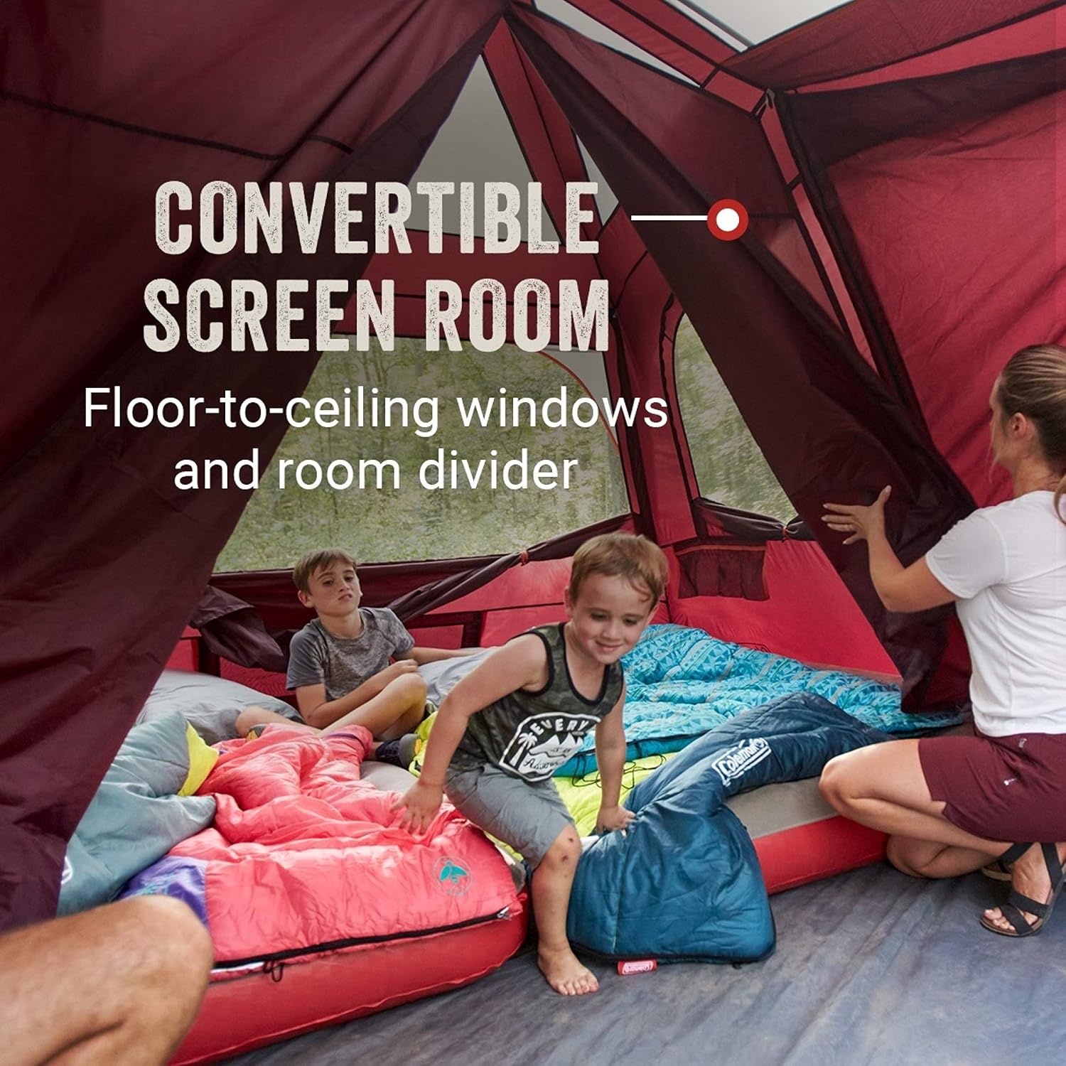 image:imageColeman Skylodge Camping Tent 81012 Person Weatherproof Family Tent with Convertible Screen Room ColorCoded Poles Room Divider Rainfly and Storage Pockets Fits Multiple QueenSized Airbeds8person