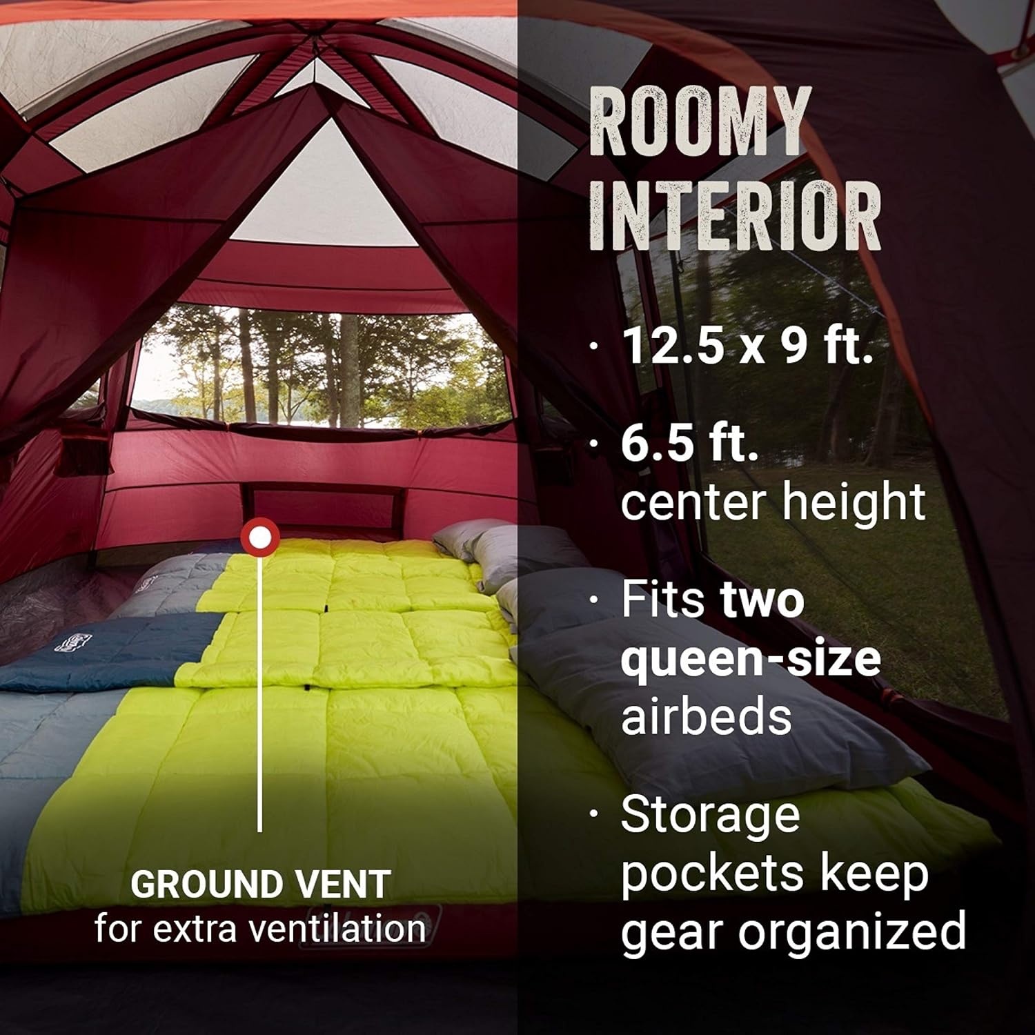 image:imageColeman Skylodge Camping Tent 81012 Person Weatherproof Family Tent with Convertible Screen Room ColorCoded Poles Room Divider Rainfly and Storage Pockets Fits Multiple QueenSized Airbeds8person
